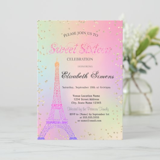 Glitter Eiffel Tower Diamonds Holographic Sweet 16 Kaart (Staand voorkant)