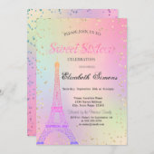 Glitter Eiffel Tower Diamonds Holographic Sweet 16 Kaart (Voorkant / Achterkant)