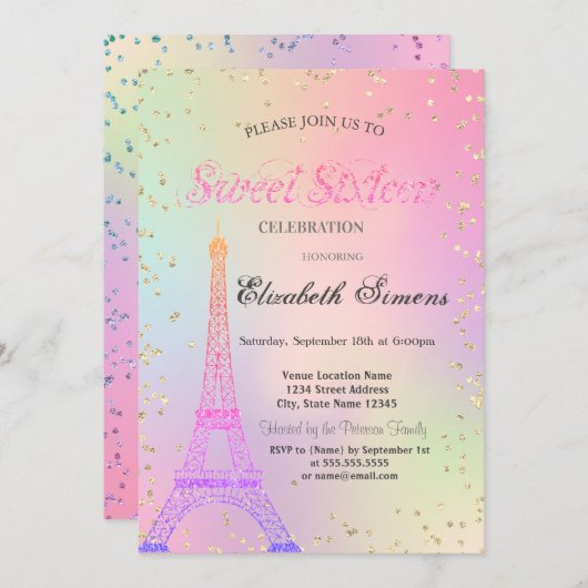 Glitter Eiffel Tower Diamonds Holographic Sweet 16 Kaart (Voorkant / Achterkant)
