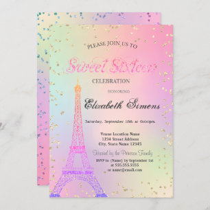Glitter Eiffel Tower Diamonds Holographic Sweet 16 Kaart