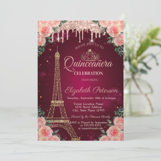Glitter Eiffel Tower Drift Floral Quinceañera Kaart (Staand voorkant)