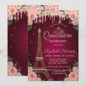 Glitter Eiffel Tower Drift Floral Quinceañera Kaart (Voorkant / Achterkant)