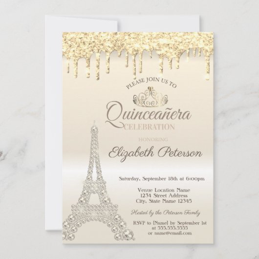 Glitter Eiffel Tower, Drives Gold Quinceañera Kaart (Voorkant)