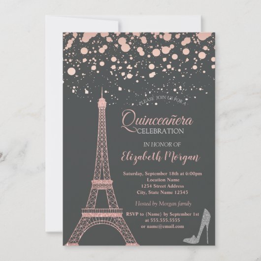 Glitter Eiffel Tower, Heels Stippen Quinceañera Kaart (Voorkant)