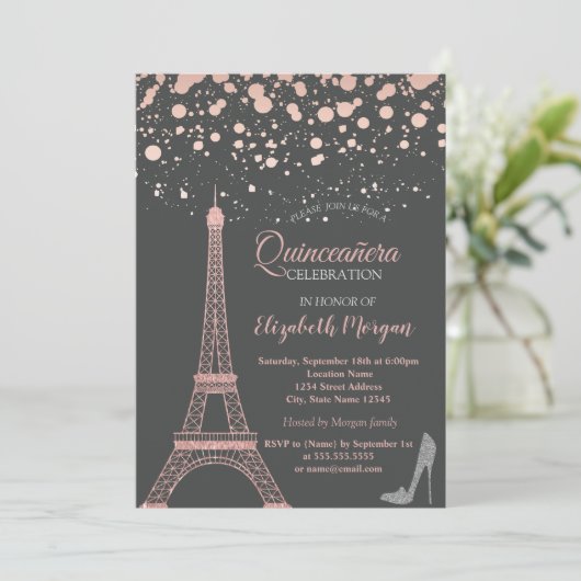 Glitter Eiffel Tower, Heels Stippen Quinceañera Kaart (Staand voorkant)