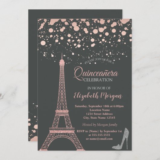 Glitter Eiffel Tower, Heels Stippen Quinceañera Kaart (Voorkant / Achterkant)