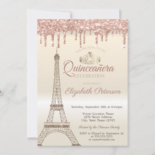 Glitter Eiffel Tower, Tiara, Drips Quinceañera Kaart (Voorkant)