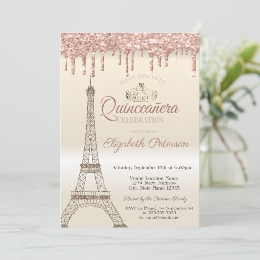 Glitter Eiffel Tower, Tiara, Drips Quinceañera Kaart (Staand voorkant)