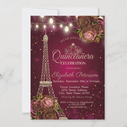 Glitter Eiffel Tower, Tiara Rozen Red Quinceañera Kaart (Voorkant)
