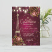 Glitter Eiffel Tower, Tiara Rozen Red Quinceañera Kaart (Staand voorkant)