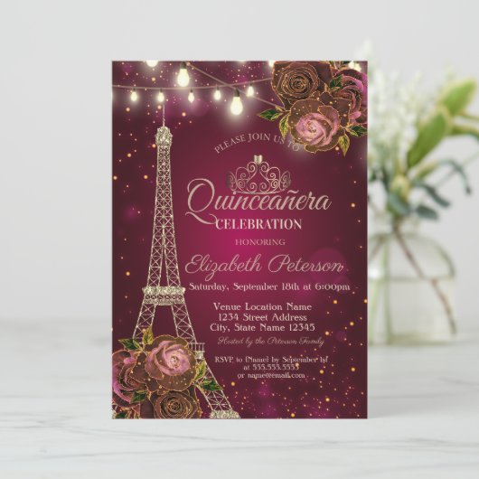 Glitter Eiffel Tower, Tiara Rozen Red Quinceañera Kaart (Staand voorkant)