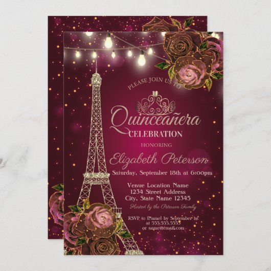 Glitter Eiffel Tower, Tiara Rozen Red Quinceañera Kaart (Voorkant / Achterkant)