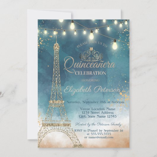 Glitter Eiffel Tower, Tiara Waterverf Quinceañera Kaart (Voorkant)