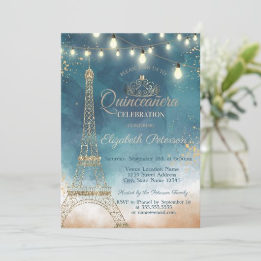 Glitter Eiffel Tower, Tiara Waterverf Quinceañera Kaart (Staand voorkant)