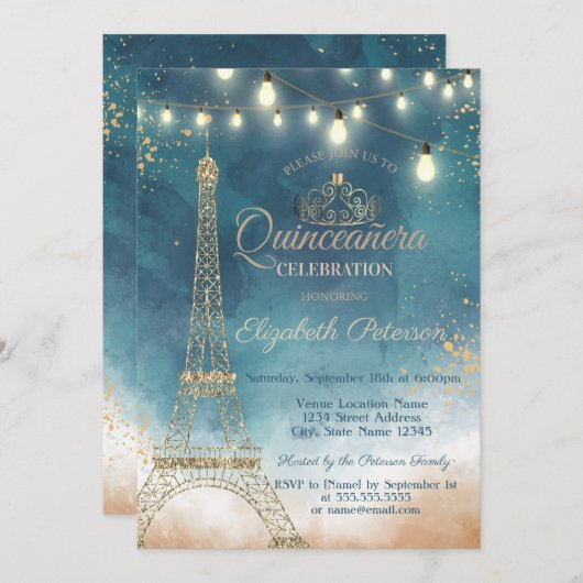 Glitter Eiffel Tower, Tiara Waterverf Quinceañera Kaart (Voorkant / Achterkant)