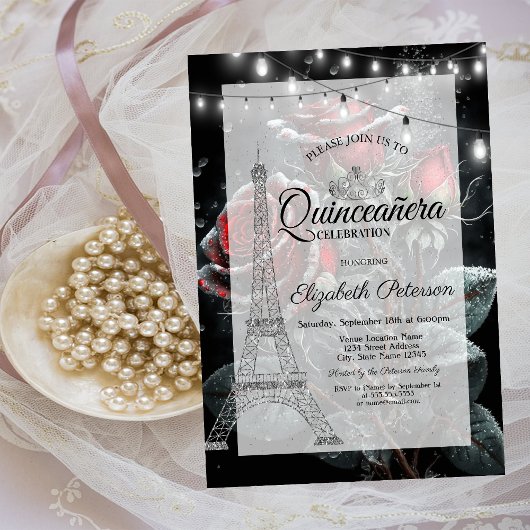 Glitter Eiffeltoren, Dark Rozen Drops Quinceañera Kaart