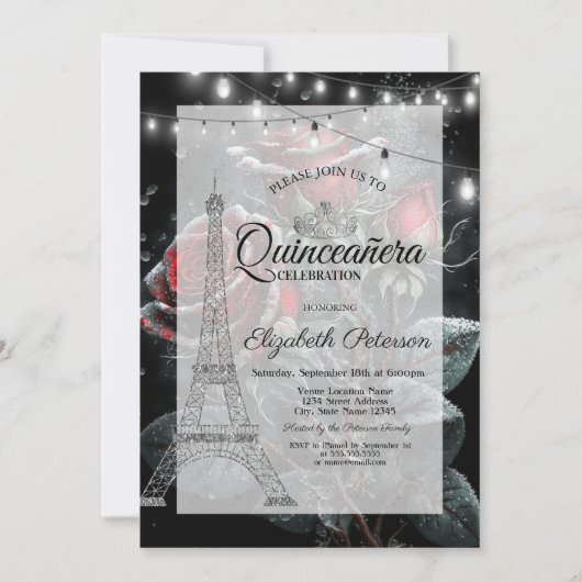 Glitter Eiffeltoren, Dark Rozen Drops Quinceañera Kaart (Voorkant)