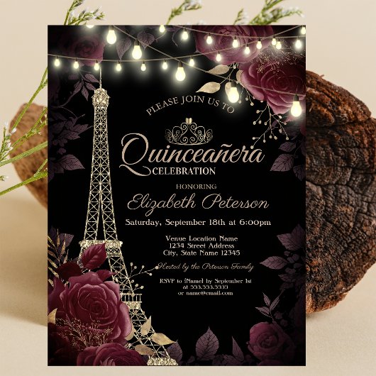 Glitter Eiffeltoren, donkere Rozen Quinceañera Kaart