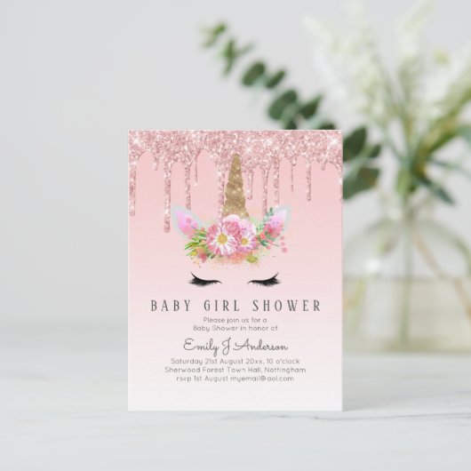 GLITTER EINHOORN Baby MEISJE Shower Roze Goud Briefkaart (Staand voorkant)