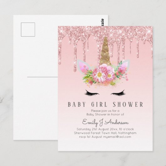 GLITTER EINHOORN Baby MEISJE Shower Roze Goud Briefkaart (Voorkant / Achterkant)