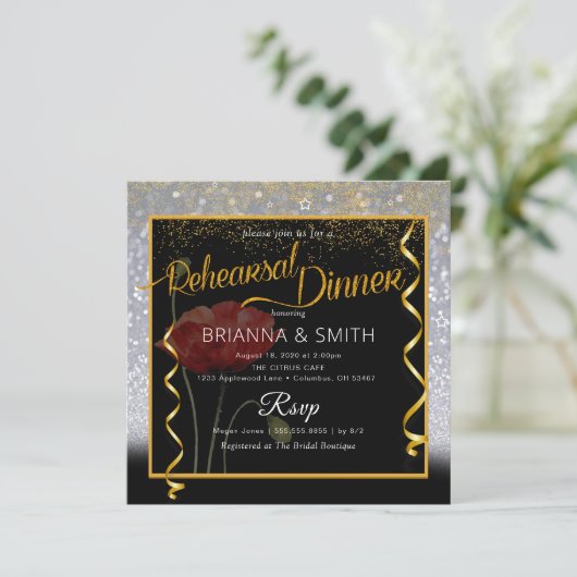 Glitter Elegant Calligraphy Rehearsal Dinner Kaart (Staand voorkant)
