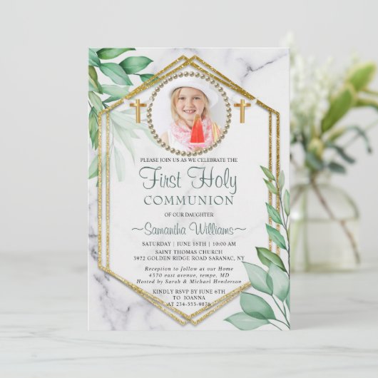 Glitter Elegant Eucalyptus Foto eerste communie Kaart (Staand voorkant)