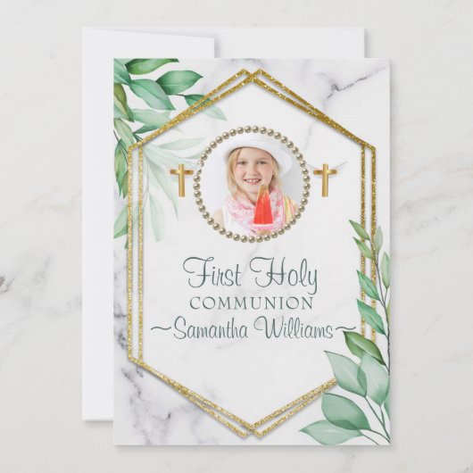 Glitter Elegant Eucalyptus Foto eerste communie Kaart (Achterkant)