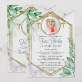 Glitter Elegant Eucalyptus Foto eerste communie Kaart (Voorkant / Achterkant)