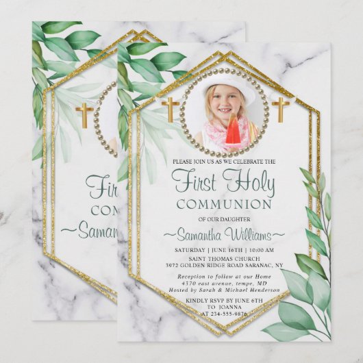 Glitter Elegant Eucalyptus Foto eerste communie Kaart (Voorkant / Achterkant)