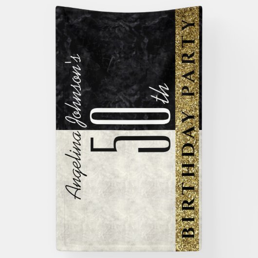 Glitter Elegant Goud Zwart en Wit 50ste Verjaardag Spandoek (Verticaal)