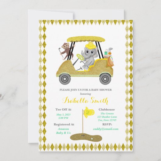 Glitter Elephant & Monkey Golf Baby shower Kaart (Voorkant)