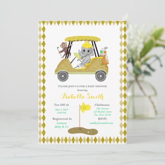 Glitter Elephant & Monkey Golf Baby shower Kaart (Staand voorkant)