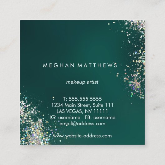 Glitter en Blauwgroen Beauty Stylist Vierkante Visitekaartje (Achterkant)