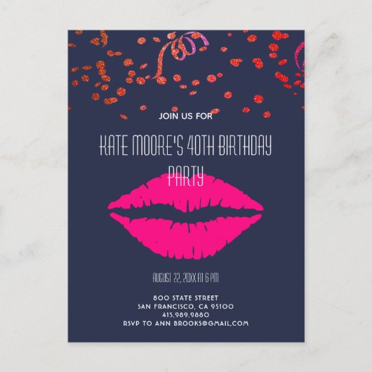 Glitter- en Glam-Confetti en -lips op zwart Uitnodiging Briefkaart (Voorkant)