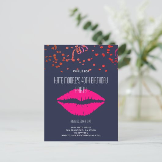 Glitter- en Glam-Confetti en -lips op zwart Uitnodiging Briefkaart (Staand voorkant)