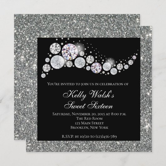 Glitter en Glam Diamond Sweet 16 Uitnodiging (Voorkant / Achterkant)
