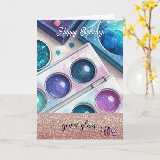Glitter en Glam make-up verjaardag Kaart (Gele Bloem)
