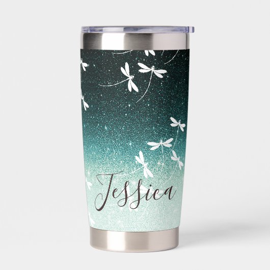 Glitter en libellen op maat geïsoleerde drinkbeker (Links)