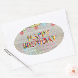 Glitter en Lights Happy Birthday Ovale Sticker