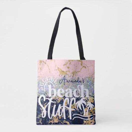 Glitter en marmer gepersonaliseerde strand spullen tote bag (Voorkant)