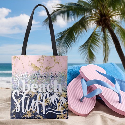 Glitter en marmer gepersonaliseerde strandspullen tote bag