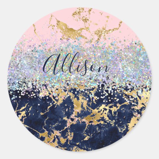 Glitter en marmer op maat ronde sticker (Voorkant)