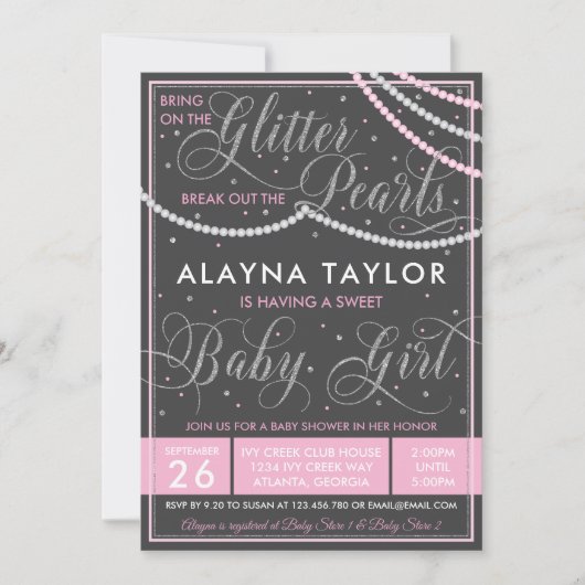 Glitter en Parels Baby shower Invitation, Roze Kaart (Voorkant)
