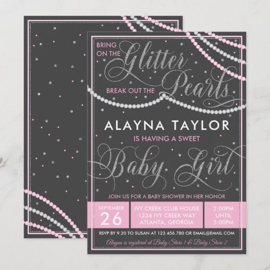 Glitter en Parels Baby shower Invitation, Roze Kaart (Voorkant / Achterkant)
