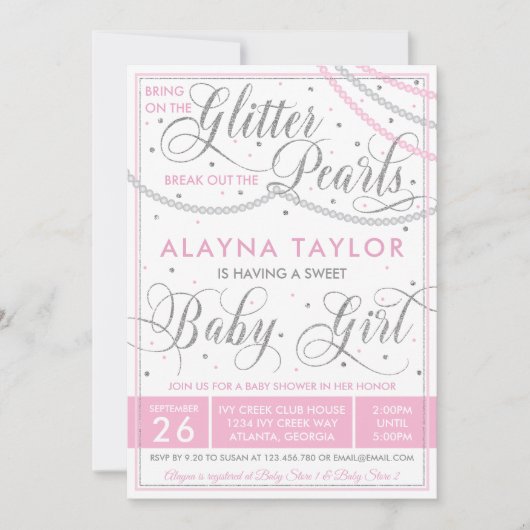 Glitter en Parels Baby shower Invitation, Roze Kaart (Voorkant)