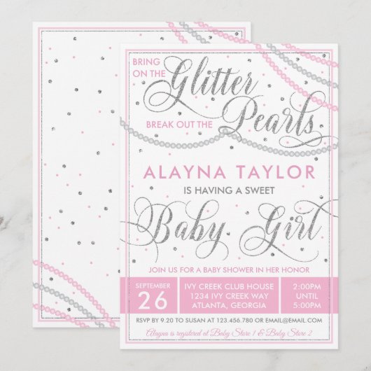 Glitter en Parels Baby shower Invitation, Roze Kaart (Voorkant / Achterkant)