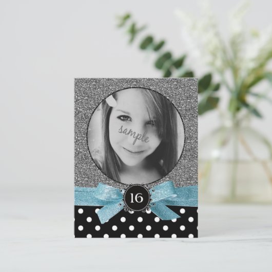 Glitter en Polkadots Foto Sweet 16 Kaart (Staand voorkant)