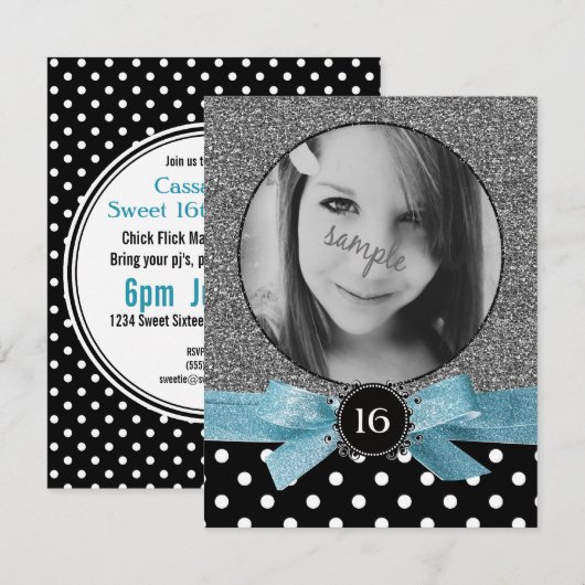 Glitter en Polkadots Foto Sweet 16 Kaart (Voorkant / Achterkant)