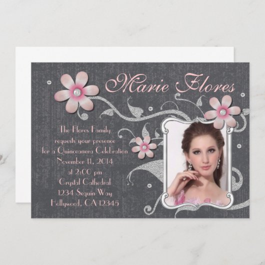 Glitter en Rhinestone Quinceanera Kaart (Voorkant / Achterkant)