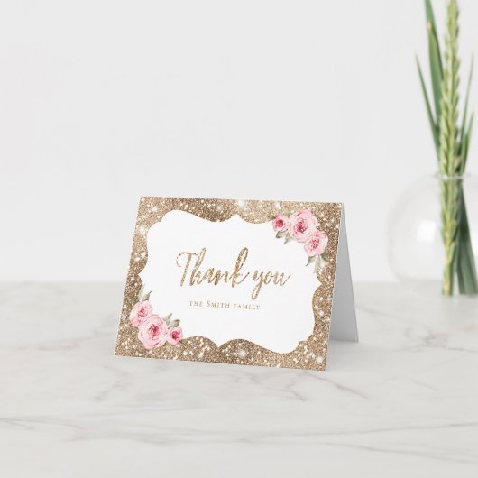 Glitter en roze bloemen dankkaart bedankkaart (Voorkant)